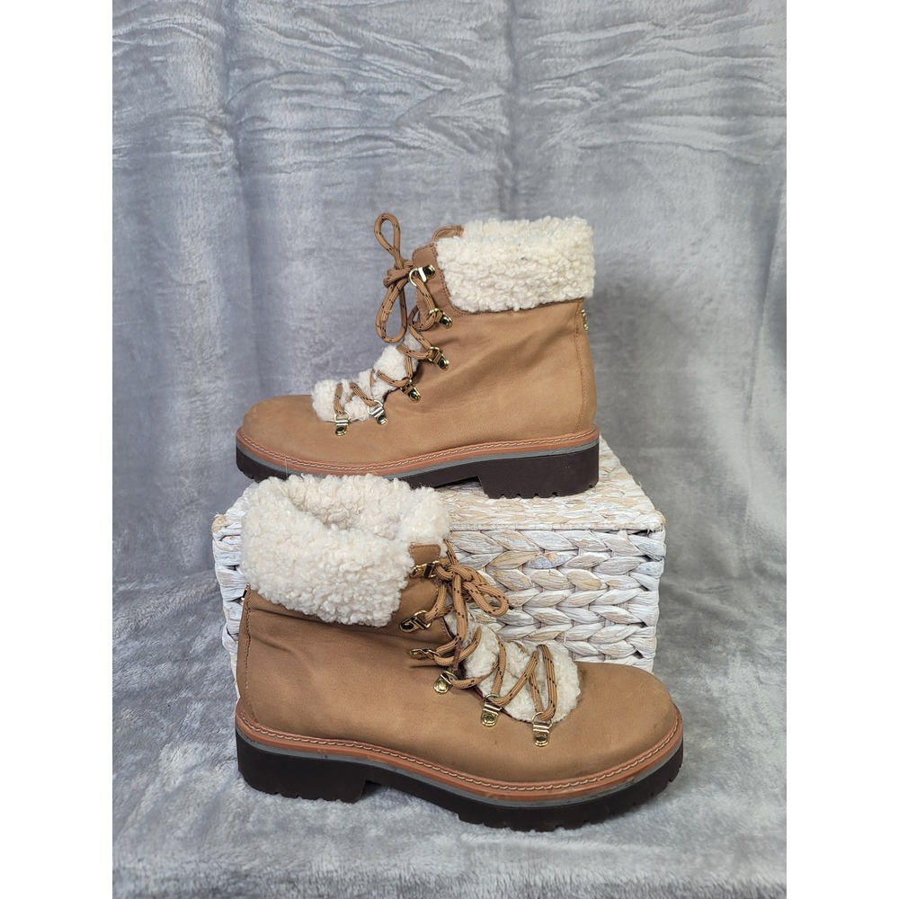 Tommy Hilfiger Nubuck Hiking Boots Tan Faux Shearling Lug Sole Size 9.5M Rustic